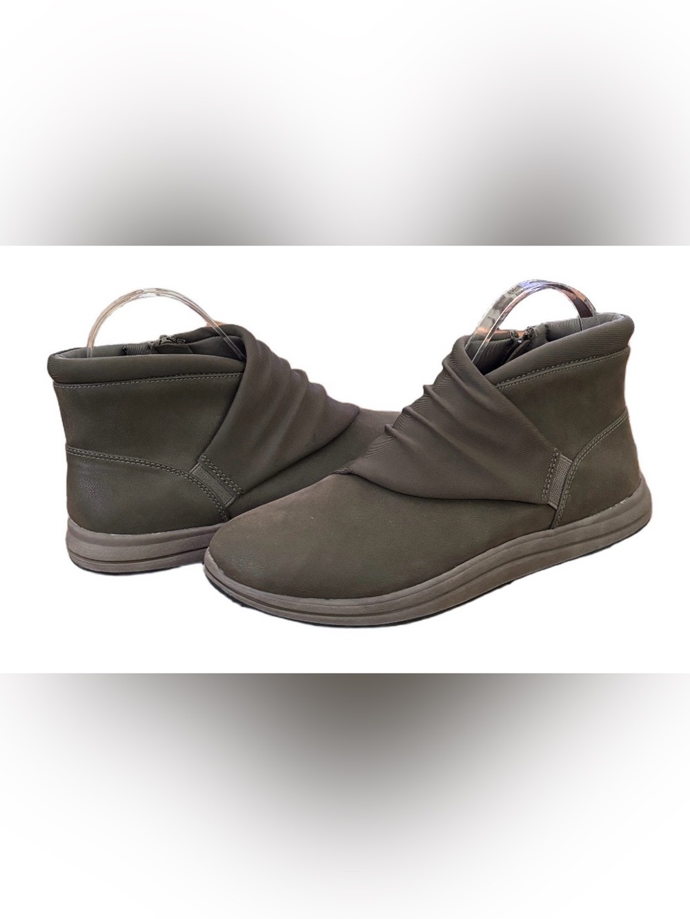 Clark’s Cloudsteppers Breeze Dusk dk grn/gry ankl boots w top ruching WM 7 cozy